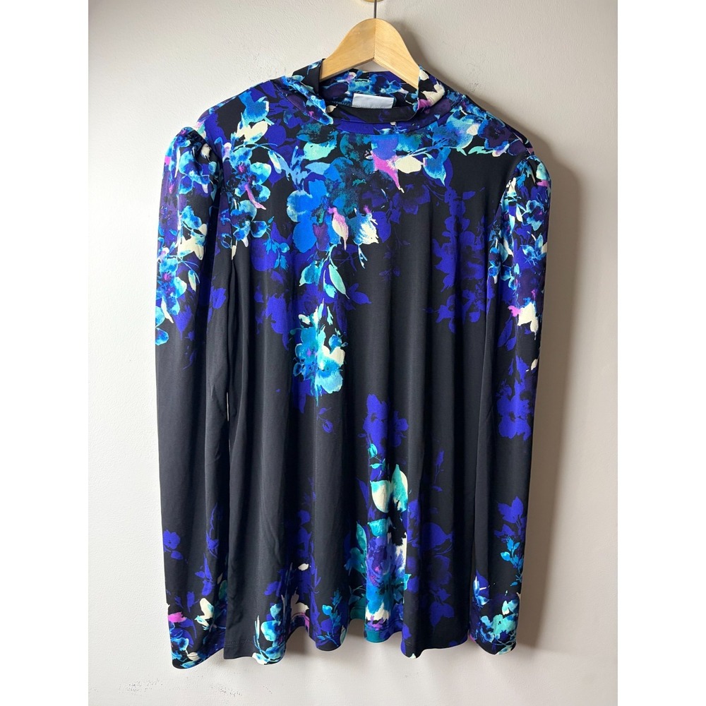 Susan Graver Printed Liquid Knit Puff Sleeve Mock Neck Top Iris/Black:L #198-U - Picture 2 of 4